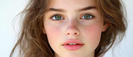 Fototapeta premium Teen girl portrait, close-up face, freckles, light background, beauty