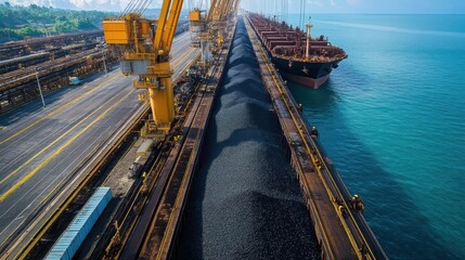 Industrial port activities, loading and unloading of coal or batu bara in Indonesian, Balikpapan Coal Terminal, Bayan Group, Balikpapan, East Kalimantan, IKN Nusantara, Indonesia