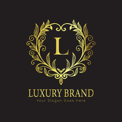 Letter Luxury brand logo design with a royal gold crown emblem and elegant typography

