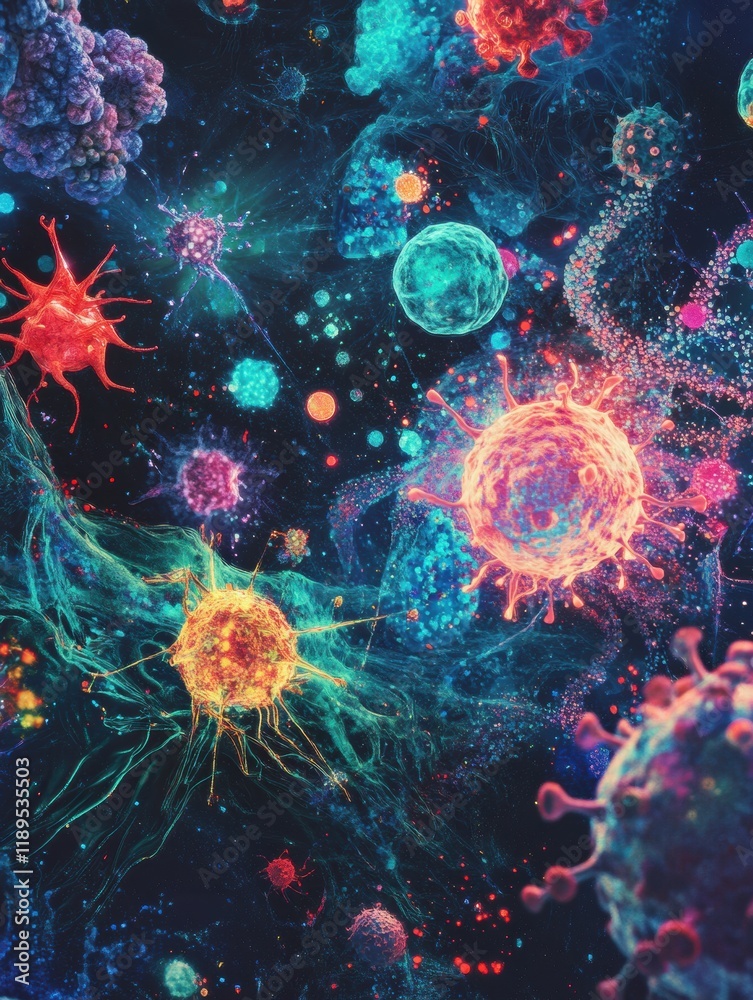 Poster Viruses engaging with human cells in vibrant microscopic environment. Generative AI
