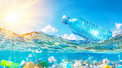 Floating plastic water bottle in ocean pollution challenge