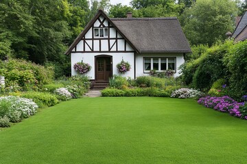 Thatched-roof cottage, lush garden, green lawn, summer day