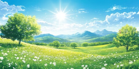 Picturesque valley with wildflowers and sunlight