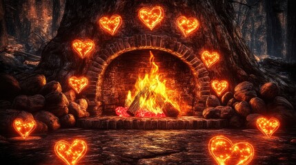 Enchanting Heart Flames by a Forest Fireplace A Cozy Romantic Scene in Nature.