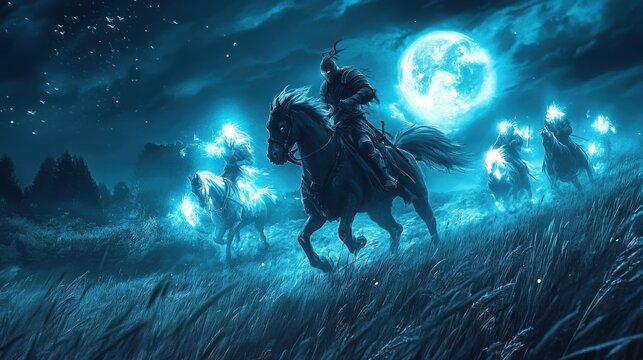 Night Riders Galloping Underneath a Full Moon