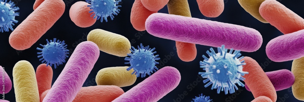 Aufkleber close up view of diverse microbes found on door handles and smartphones revealing daily hidden germs