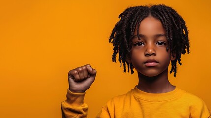 Confident Child with Raised Fist Against Vibrant Orange Background