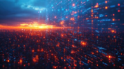 Fototapeta premium Futuristic city skyline at sunset with digital data streams.