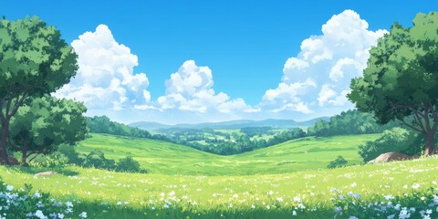 Fototapeta premium Forest edge with open grassland and mountain views