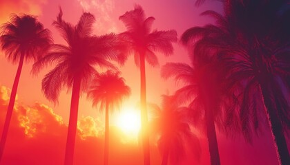 Obraz premium Palms Silhouettes Against Sunset Sky: A Retrofuturism-Inspired Rave Party Flyer Template With 1980s-1990s Neon Aesthetics And Futuristic Synthwave/Retro Wave Theme.