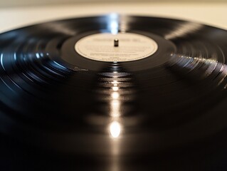 close-up of a black vinyl record with label and grooves
