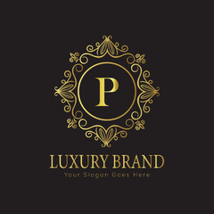 Letter Luxury brand logo design with a royal gold crown emblem and elegant typography
