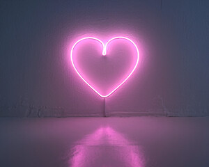 Glowing Pink Neon Heart on Wall. A vibrant pink heart-shaped neon sign casts a warm glow against a plain white wall, creating a romantic and modern atmosphere.