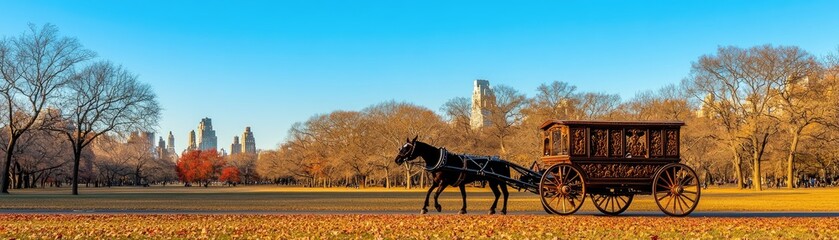Horse-Drawn Carriage in Autumn Park with City Skyline in Background for Travel Promotions
