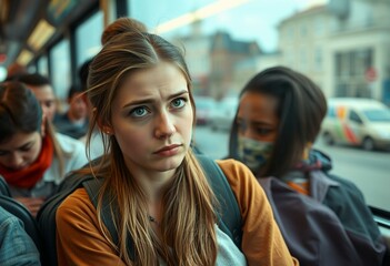 Fototapeta premium Young woman sitting on a crowded bus, looking unhappy and frustrated