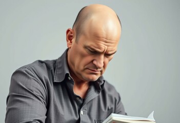 Obraz premium A bald man with a stern expression looking downwards