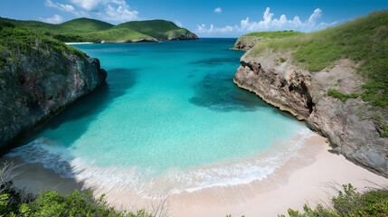 Fototapeta premium Idyllic Tropical Island: Aerial View of a Pristine Paradise with Turquoise Waters and White Sandy Shores