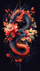 Obraz premium A vibrant digital painting of a majestic dragon entwined with blooming flowers.