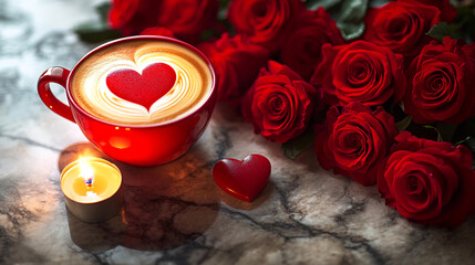Romantic Latte with Red Roses and Candles on Marble