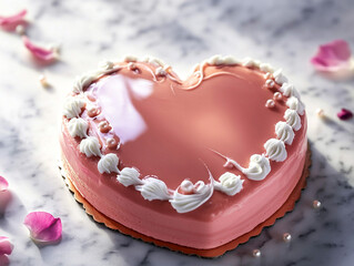 Heart-shaped pink cake with white frosting and pearls, perfect for Valentine's Day.