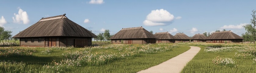 Charming Rustic Wooden Huts in a Tranquil Meadow Surrounded by Nature's Beauty