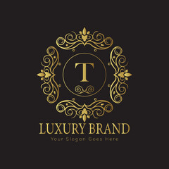 Letter Luxury brand logo design with a royal gold crown emblem and elegant typography

