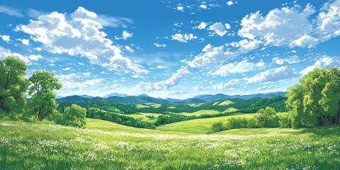 Fototapeta premium Vibrant meadow with blooming flowers and mountains