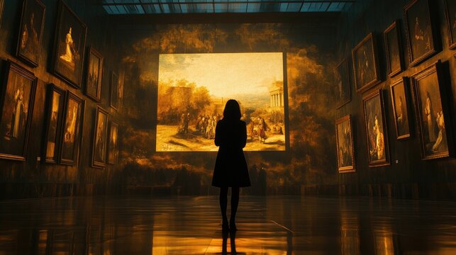 Woman silhouetted against large projected artwork in gallery.