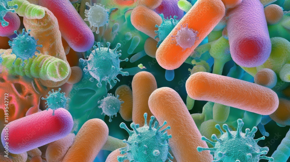 Poster close up view of diverse microbes found on common surfaces such as door handles and smartphones. gen