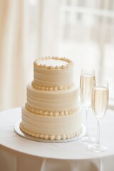 Naklejka premium white tiered wedding cake with subtle textured frosting on a round table, two champagne glasses placed beside it, elegant and intimate ambiance