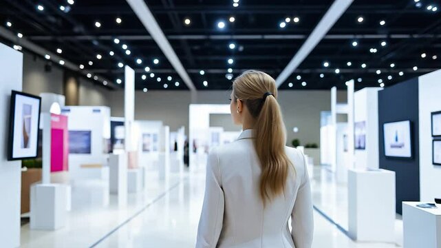 A businesswoman walking through convention center hall with a central open space surrounded by empty exhibit booths with video screens, ready for an industry expo setup