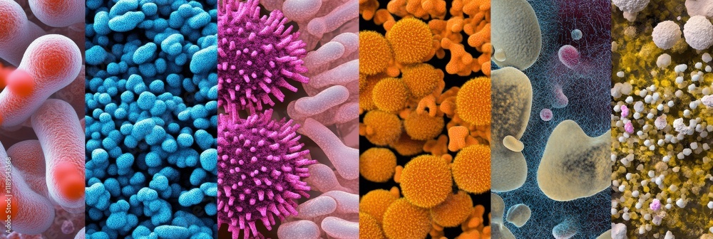 Poster Close up view of diverse microbes found on surfaces like door handles and smartphones in a modern environment. Generative AI