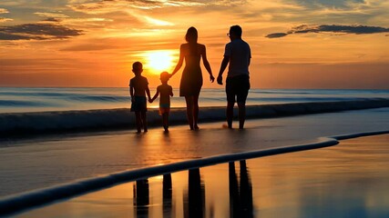 Family enjoys a sunset stroll along the beach with three kids playing in the water, A family with three kids strolling along the beach as the sun sets over the ocean at sunset
