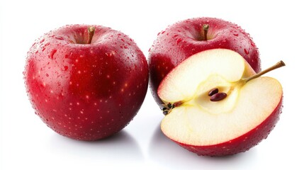 three fresh red apples on a white background, one cut open