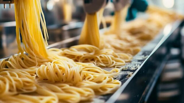 Fresh noodles are being expertly crafted and collected on a conveyor belt in a bustling kitchen setting, highlighting the art of pasta making