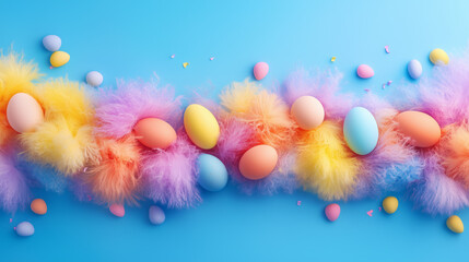 Colorful Easter eggs arranged on a vibrant background