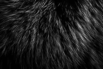 Close-up macro photograph of black animal fur texture showing detailed hair strands and natural pattern. Perfect for luxury fashion, textile design and natural abstract backgrounds.