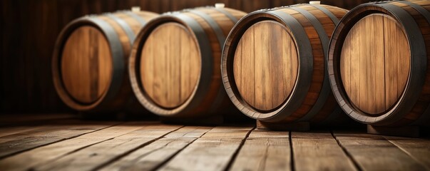 Vintage wooden barrels stacked in dark cellar. Aged whiskey, wine barrels stored for aging process. Barrels show traditional craft of alcohol production. Wooden floor, dark environment of warehouse