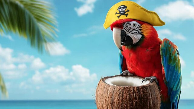 A vibrant parrot dressed as a pirate enjoys a coconut in a stunning coastal setting under a blue sky and palm trees