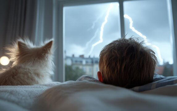 A child lies in bed, gazing out the window at a dramatic thunderstorm. Lightning streaks across dark clouds as a fluffy dog sits beside him, both captivated by the weather
