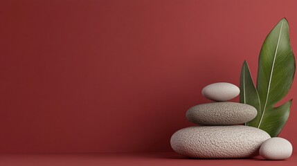 Serene Stacked Stones with Leaf on Red Background