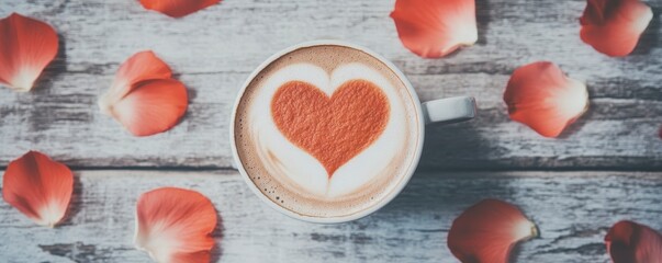 A heart-shaped latte surrounded by rose petals on a rustic wooden table, evoking warmth and romance.