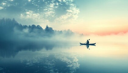 Man Peacefully Paddling In A Serene And Dreamlike Lake. A Surreal And Mystical Experience Captured In Nature'S Tranquil Beauty.