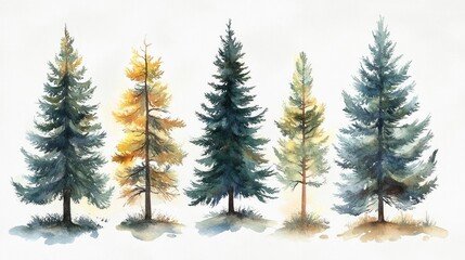Obraz premium Watercolor Painting of Five Coniferous Trees