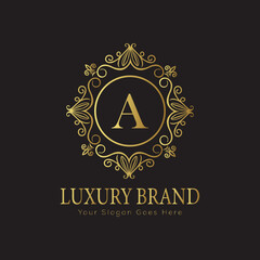 Letter Luxury brand logo design with a royal gold crown emblem and elegant typography
