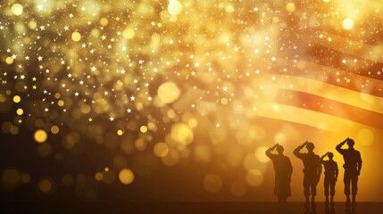 Silhouetted figures saluting against a sparkling background with an American flag motif.