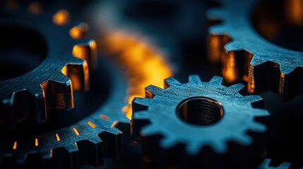 Close-Up of Interlocking Metal Gears with Warm Lighting for Industrial or Engineering Concepts