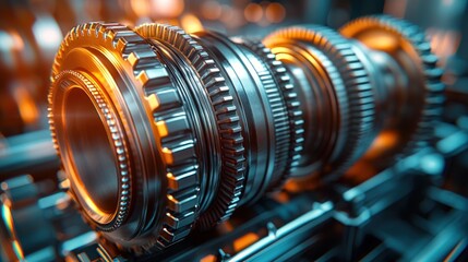 Obraz premium Close-Up of Interlocking Gears in a Mechanical Workshop Setting