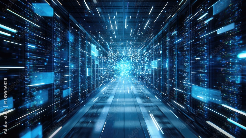 Poster Abstract digital background of a data center with blue glowing lights, server boxes, and motion blur, symbolizing futuristic technology. Ideal for cloud computing and digital transformation themes