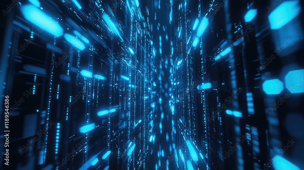 Poster Abstract digital background featuring blue glowing lights and flowing data streams, representing a futuristic technology concept. Ideal for technology, innovation, digital transformation and data